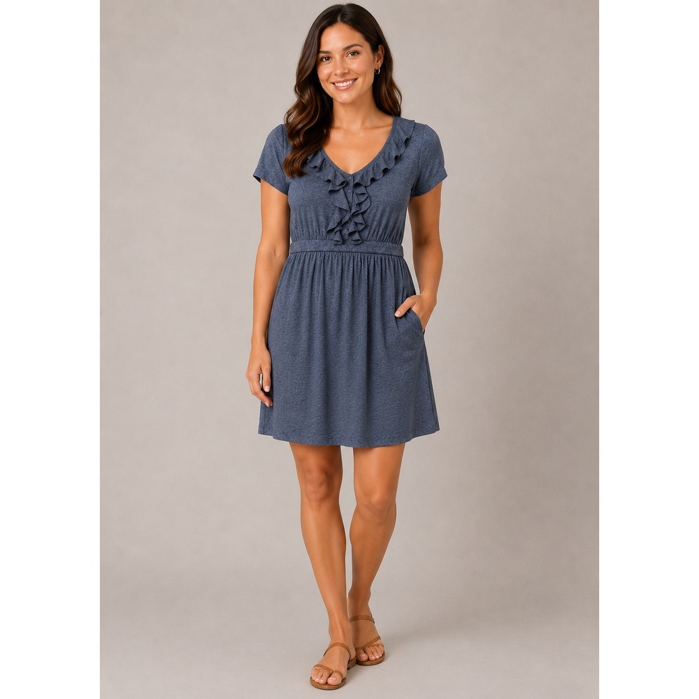 Blue Gray Ruffle Babydoll Dress Empire Waist Short Sleeve Mini Casual Dress